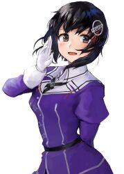 Rule 34 | 1girl, 73suke, absurdres, black hair, brown hair, gloves, haguro (kancolle), haguro kai ni (kancolle), highres, jacket, kantai collection, long sleeves, looking at viewer, open mouth, puffy long sleeves, puffy sleeves, purple jacket, short hair, simple background, smile, solo, uniform, upper body, white background, white gloves