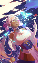 Rule 34 | 1girl, breasts, dark-skinned female, dark skin, elbow gloves, ellie niunai zhuyi zhe, gloves, hair ornament, highres, hololive, hololive english, large breasts, open mouth, planet hair ornament, sky, solo, star (sky), starry sky, teeth, tsukumo sana, tsukumo sana (1st costume), upper teeth only, virtual youtuber, white gloves