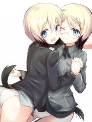 Rule 34 | 2girls, :d, ;), ass, blonde hair, blue eyes, blush, cheek-to-cheek, erica hartmann, glasses, heads together, holding hands, interlocked fingers, looking at viewer, looking back, military, military uniform, mobu, multiple girls, no pants, one eye closed, open mouth, panties, short hair, siblings, simple background, sisters, smile, strike witches, strike witches: suomus misfits squadron, tail, underwear, uniform, ursula hartmann, white background, white panties, wink, world witches series, yuri