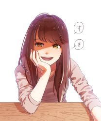 Rule 34 | 1girl, blunt bangs, brown hair, brown shirt, collarbone, hami yura, hand on own cheek, hand on own face, highres, long hair, looking at viewer, open mouth, original, shirt, simple background, sleeves past elbows, smile, solo, speech bubble, swept bangs, table, teeth, upper body, white background, yellow eyes