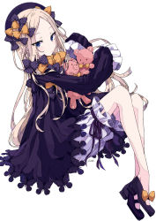 Rule 34 | 1girl, abigail williams (fate), absurdres, bad id, bad pixiv id, black bow, black dress, black footwear, black hat, blonde hair, bloomers, blue eyes, blush, bow, bug, butterfly, closed mouth, commentary request, dress, fate/grand order, fate (series), full body, hair bow, hands in opposite sleeves, hat, high heels, highres, hugging object, insect, long hair, long sleeves, looking at viewer, looking to the side, orange bow, osanai, parted lips, polka dot, polka dot bow, simple background, sitting, solo, stuffed animal, stuffed toy, teddy bear, underwear, very long hair, white background, white bloomers