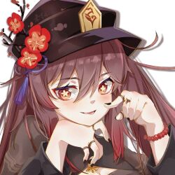 Rule 34 | bracelet, brown hair, cleavage cutout, clothing cutout, flower, flower-shaped pupils, genshin impact, hat, highres, hu tao (genshin impact), jewelry, light blush, long hair, looking at viewer, luobotou cuncun zhang, open mouth, orange hair, pointing, pointing at viewer, ring, sidelocks, smile, symbol-shaped pupils, twintails, white background
