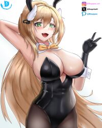 Rule 34 | 1girl, :d, absurdres, arm behind head, black gloves, black leotard, blonde hair, blush, bow, bowtie, breasts, brown pantyhose, cleavage, dayqua art, detached collar, fang, gloves, goddess of victory: nikke, green eyes, hair ornament, highleg, highleg leotard, highres, instagram username, large breasts, leotard, long hair, open mouth, orange bow, orange bowtie, pantyhose, pixiv username, playboy bunny, ponytail, rupee (nikke), simple background, smile, solo, strapless, strapless leotard, twitter username, v, watermark, white background, wrist cuffs