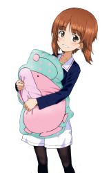 Rule 34 | 1girl, anglerfish, blue jacket, brown eyes, brown hair, commentary, emblem, fish, girls und panzer, highres, holding, holding pillow, jacket, kayabakoro, pantyhose under shorts, long sleeves, looking at viewer, military, military uniform, nishizumi miho, ooarai military uniform, open mouth, pantyhose, pillow, pleated shorts, short hair, shorts, simple background, skirt, smile, solo, standing, uniform, white background, white shorts