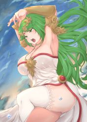 Rule 34 | 1girl, absurdres, armlet, armpits, arms up, blue sky, breasts, circlet, cleavage, clothes lift, dress, dress lift, gauntlets, green eyes, green hair, highres, jewelry, kid icarus, large breasts, long hair, mios1225, necklace, nintendo, no bra, open mouth, palutena, panties, pantyshot, single thighhigh, sitting, sky, solo, spread legs, teeth, thighhighs, underwear, very long hair, white dress, white thighhighs