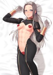 Rule 34 | 1girl, abs, breasts, edelgard von hresvelg, fire emblem, fire emblem: three houses, gloves, hair ribbon, heart pasties, highres, long hair, long sleeves, maebari, meme attire, navel, nintendo, pasties, purple eyes, putcher, revealing clothes, reverse bunnysuit, reverse outfit, ribbon, shrug (clothing), small breasts, solo, white gloves, white hair