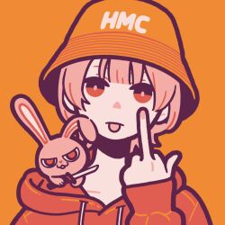Rule 34 | 1girl, bright pupils, drawstring, highres, hood, hood down, hoodie, knife, looking at viewer, middle finger, miyoshi yoshimi, orange background, orange headwear, orange theme, original, pink hair, pink nails, portrait, rabbit, red eyes, red hoodie, short hair, simple background, sleeves past wrists, solo, tongue, tongue out, white pupils