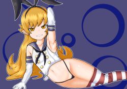 Rule 34 | 1girl, arm up, armpits, blonde hair, cosplay, elbow gloves, gloves, graham mk2, grin, kantai collection, long hair, looking at viewer, monogatari (series), oshino shinobu, panties, pointy ears, shimakaze (kancolle) (cosplay), smile, solo, striped clothes, striped thighhighs, thighhighs, underwear, yellow eyes
