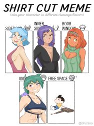 Rule 34 | 1boy, 4girls, abs, absurdres, aqua hair, black hair, breasts, cleavage, english text, glasses, green hair, headband, highres, long hair, meme, multiple drawing challenge, multiple girls, open mouth, orange hair, original, parted lips, pointy ears, purple hair, shirt cut meme, shirt cut meme, short hair, sideboob, smile, talalios, underboob, upper body