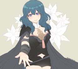 Rule 34 | 1girl, armor, bad id, bad twitter id, black armor, black shorts, blue eyes, blue hair, byleth (female) (fire emblem), byleth (fire emblem), cape, closed mouth, fire emblem, fire emblem: three houses, flower, long hair, navel, nintendo, outstretched arm, plushcharm, shorts, smile, solo, twitter username