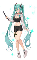 Rule 34 | 1girl, absurdres, alternate breast size, alternate costume, aqua eyes, aqua hair, bare legs, bike shorts, black shorts, blush, breasts, cleavage, closed mouth, full body, hatsune miku, highres, holding, holding knife, knife, large breasts, long hair, long sleeves, looking at viewer, navel, onedoo, shoes, shorts, shrug (clothing), simple background, smile, sneakers, solo, sparkle, sports bra, standing, stomach, thigh strap, twintails, very long hair, vocaloid, white background, white footwear