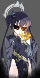 Rule 34 | 1girl, absurdres, bare shoulders, black gloves, black hair, blazer, blue archive, breasts, china dress, chinese clothes, cigar, double bun, dragon print, dress, fire, gloves, grey hair, groin, hair bun, hair ornament, halo, hand on own hip, highres, jacket, kisaki (blue archive), long hair, off shoulder, simple background, small breasts, solo, sunglasses, twintails, wwwazxc