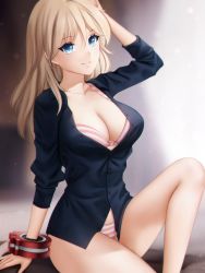 Rule 34 | 1girl, alisa ilinichina amiella, arm support, black shirt, blonde hair, blue eyes, blurry, blurry background, bra, breasts, cleavage, collarbone, collared shirt, dress shirt, gigamessy, god eater, hair between eyes, hand on own head, long hair, medium breasts, open clothes, open shirt, panties, parted lips, partially unbuttoned, shirt, sitting, smile, solo, striped bra, striped clothes, striped panties, underwear, wing collar