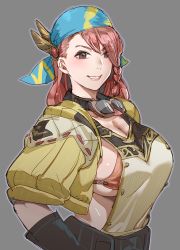 Rule 34 | 1girl, bandana, bikini, black gloves, bow (bhp), breasts, brown hair, cleavage, gloves, goggles, goggles around neck, grey background, grin, large breasts, long hair, looking at viewer, minayle (monster hunter), orange bikini, short sleeves, simple background, smile, solo, swimsuit, tented shirt