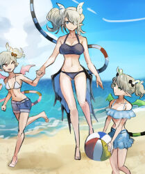 3girls arianna_the_labrynth_servant arianne_the_labrynth_servant arias_the_labrynth_butler ball beach bikini black_bikini blue_bikini blue_eyes breasts cleavage collarbone cropped demon_girl demon_horns demon_tail demon_wings duel_monster green_eyes grey_hair hatano_kiyoshi holding holding_ball holding_hands horns large_breasts looking_at_another medium_breasts midriff monocle multiple_girls navel pink_eyes short_shorts shorts swimsuit tail thighs white_bikini wings yu-gi-oh!