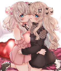 Rule 34 | 2girls, absurdres, arm cuffs, bed sheet, black bow, black bowtie, black dress, black footwear, blonde hair, blue eyes, blue hair, blush, bow, bowtie, breast press, breasts, chitose (chi candy), commentary, double bun, dress, fang, frills, hair bow, hair bun, hair ornament, hairclip, heart, heart-shaped pillow, high heels, highres, hoshimi chitose, hoshimi shiano, indie virtual youtuber, jirai kei, long hair, long sleeves, looking at viewer, medium breasts, multicolored hair, multiple girls, multiple hair bows, on bed, parted lips, pillow, pink dress, pink hair, rabbit hair ornament, see-through, see-through dress, siblings, smile, symmetrical docking, twins, two-tone hair, very long hair, virtual youtuber, white footwear, yuri