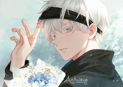 Rule 34 | 1boy, antweiyi, artist name, black blindfold, black jacket, blindfold, blindfold lift, blue eyes, blue flower, bouquet, colored eyelashes, flower, gojou satoru, holding, holding bouquet, jacket, jujutsu kaisen, looking at viewer, male focus, outdoors, parted lips, rain, short hair, solo, teeth, upper body, water drop, white flower, white hair