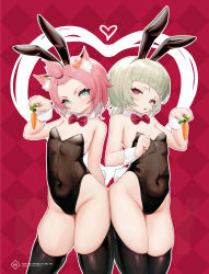 Rule 34 | 2girls, absurdres, animal ear fluff, animal ears, bangs pinned back, black legwear, black leotard, blue eyes, bow, bowtie, breasts, cat ears, cowboy shot, detached collar, diona (genshin impact), english text, fake animal ears, genshin impact, heart, heart-shaped pupils, highres, l ract, leotard, multiple girls, pink hair, playboy bunny, rabbit ears, red bow, red bowtie, red eyes, sayu (genshin impact), short hair, small breasts, standing, strapless, strapless leotard, symbol-shaped pupils, thighhighs