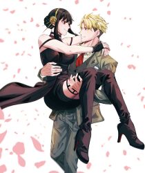 Rule 34 | 1boy, 1girl, arms around neck, bare shoulders, black dress, black hair, blush, breasts, carrying, carrying person, couple, dress, earrings, formal, gold earrings, gold hairband, green eyes, green suit, hair ornament, hairband, highres, holding, humpback 1219, husband and wife, jewelry, large breasts, long hair, long sleeves, looking at another, princess carry, red eyes, short hair, sidelocks, smile, spy x family, suit, twilight (spy x family), two-sided dress, two-sided fabric, yor briar