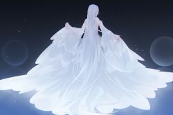 Rule 34 | 1girl, absurdres, bare shoulders, black background, blue background, detached sleeves, dress, from behind, gradient background, grey hair, hand up, highres, light particles, long hair, orb, original, skirt hold, solo, standing, string, tsuki mitsu, very long hair, white dress, white hair, white theme, wide sleeves