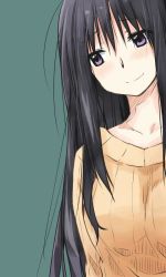 Rule 34 | 1girl, black hair, blush, breasts, character request, closed mouth, kagiana, long hair, purple eyes, simple background, smile, solo, sweater