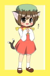 Rule 34 | 1girl, animal ears, bad id, bad pixiv id, blush, brown eyes, brown hair, cat ears, cat girl, cat tail, chen, chibi, earrings, fang, female focus, hat, jewelry, kyokutou hentai samurai, multiple tails, short hair, sleeves past wrists, solo, standing, tail, touhou