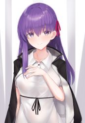 Rule 34 | 1girl, absurdres, black jacket, blush, breasts, closed mouth, collarbone, commentary request, dress, fate/stay night, fate (series), fingernails, hair between eyes, hair ribbon, hand on own chest, hand up, heaven&#039;s feel, highres, i.f.s.f, jacket, jacket on shoulders, long hair, matou sakura, medium breasts, official alternate costume, purple eyes, purple hair, red ribbon, ribbon, smile, solo, upper body, white dress