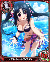 Rule 34 | 1girl, bikini, black hair, blush, breasts, card (medium), character name, chess piece, cleavage, day, flower, hair flower, hair ornament, hair ribbon, happy, high school dxd, king (chess), large breasts, long hair, looking at viewer, navel, official art, open mouth, pink eyes, purple bikini, ribbon, sarong, serafall leviathan, smile, solo, swimsuit, torn bikini, torn clothes, trading card, twintails, very long hair, water