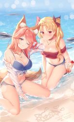 Rule 34 | 2girls, animal ears, artist name, bikini, blonde hair, blush, bracelet, breasts, choker, cleavage, day, denim, denim shorts, ereshkigal (fate), fate/grand order, fate (series), fox ears, fox tail, hair ribbon, highres, jewelry, kneeling, large breasts, long hair, looking at viewer, medium breasts, multiple girls, necklace, off-shoulder shirt, off shoulder, outdoors, parted bangs, pink hair, red eyes, ribbon, rimuu, shirt, shorts, sitting, smile, swimsuit, tail, tamamo (fate), tamamo no mae (fate/extra), tied shirt, two side up, wariza, yellow eyes