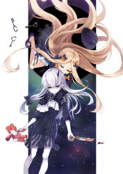Rule 34 | 2girls, abigail williams (fate), black bow, black dress, black footwear, black hat, blonde hair, blood, bloomers, bow, bug, butterfly, closed eyes, commentary request, damaged, dress, facing viewer, fate/grand order, fate (series), glint, hair bow, hat, highres, holding, holding knife, holding stuffed toy, horns, hug, hug from behind, insect, key, knife, lavinia whateley (fate), long hair, long sleeves, mary janes, multiple girls, orange bow, parted bangs, pixiv fate/grand order contest 2, polka dot, polka dot bow, shoes, silver hair, single horn, sleeves past fingers, sleeves past wrists, star (sky), stuffed animal, stuffed toy, teddy bear, toki/, underwear, unworn hat, unworn headwear, very long hair, white bloomers
