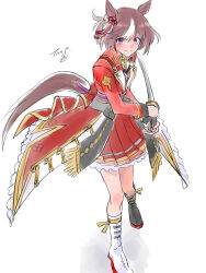 Rule 34 | 1girl, animal ears, artist logo, asymmetrical footwear, black footwear, black vest, boots, brown hair, closed mouth, coat, full body, hair ornament, highres, holding, holding sword, holding weapon, horse ears, horse girl, horse tail, katana, long sleeves, mismatched footwear, multicolored hair, nishioki tama, pleated skirt, purple eyes, red coat, red skirt, short hair, signature, skirt, smile, solo, special week (supreme commander of the rising sun) (umamusume), special week (umamusume), standing, streaked hair, sword, tail, umamusume, v-shaped eyebrows, vest, weapon, white footwear