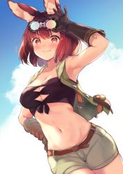 Rule 34 | 1girl, adjusting eyewear, animal ear fluff, animal ears, arm up, armpits, bandeau, bare shoulders, belt, breasts, brown gloves, calm mashiro, cleavage, cleavage cutout, clothing cutout, collarbone, cowboy shot, etrian odyssey, gloves, goggles, goggles on head, grey shorts, hand on eyewear, hand on own hip, hound (sekaiju), looking at viewer, medium breasts, midriff, navel, open clothes, open vest, orange eyes, red hair, sekaiju no meikyuu, sekaiju no meikyuu 5, short hair, short shorts, shorts, smile, solo, stomach, v-shaped eyebrows, vest