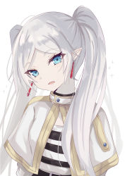 Rule 34 | 1girl, blue eyes, capelet, commentary request, earrings, frieren, grey hair, head tilt, highres, hizaka, jewelry, long hair, looking at viewer, open mouth, parted bangs, pointy ears, shirt, simple background, solo, sousou no frieren, sparkle, striped clothes, striped shirt, twintails, upper body, very long hair, white background, white capelet
