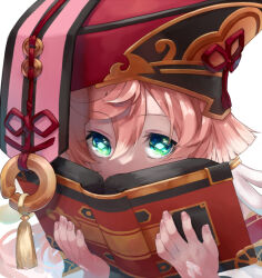 Rule 34 | 1girl, amuy, book, covered mouth, eyelashes, fingerless gloves, genshin impact, gloves, green eyes, hair between eyes, hat, holding, holding book, long hair, looking at viewer, pink hair, portrait, red hat, solo, tassel, white background, yanfei (genshin impact)