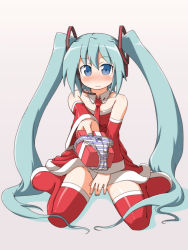 Rule 34 | 1girl, aqua hair, bare shoulders, blue eyes, blush, bow, bow panties, detached sleeves, female focus, gift, hatsune miku, holding, holding gift, incoming gift, long hair, naitou kouse, necktie, no nose, no panties, nose blush, open m/, panties, santa costume, simple background, sitting, solo, striped clothes, striped panties, thighhighs, twintails, underwear, unworn panties, very long hair, vocaloid, zettai ryouiki