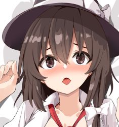 Rule 34 | 1girl, black hat, blush, bow, brown eyes, brown hair, cropped, eyebrows hidden by hair, hair between eyes, hair bow, hat, hat bow, kamukamu (ars), necktie, open mouth, portrait, shirt, solo, touhou, upper body, usami renko, white bow