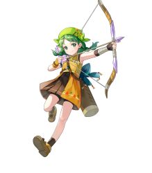 Rule 34 | 1girl, armpits, arrow (projectile), bandana, bare shoulders, bow (weapon), braid, child, fingerless gloves, fire emblem, fire emblem: the blazing blade, fire emblem heroes, full body, gloves, green eyes, highres, holding, holding bow (weapon), holding weapon, leg up, looking away, nintendo, non-web source, official art, pleated skirt, quiver, rebecca (fire emblem), ringozaka marikofire emblem, shoes, shorts, skirt, sleeveless, smile, socks, solo, teeth, transparent background, twin braids, twintails, upper teeth only, weapon