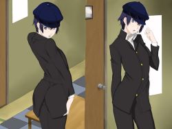 Rule 34 | 1girl, androgynous, ass, atlus, blue eyes, blue hair, cabbie hat, cottage, female focus, hat, jacket, pants, persona, persona 4, reverse trap, shirogane naoto, short hair, solo