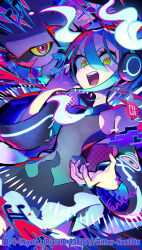 Rule 34 | 1girl, artist name, commentary request, creatures (company), crossover, detached sleeves, dress, eyelashes, game freak, gen 4 pokemon, ghost miku (project voltage), green hair, grey dress, hair between eyes, hand up, hatsune miku, headphones, highres, looking at viewer, mismagius, musical note, naoto (yandereheaven), necktie, nintendo, open mouth, pixiv id, pokemon, pokemon (creature), project voltage, teeth, tongue, twitter username, vocaloid, watermark, yellow eyes, yellow pupils