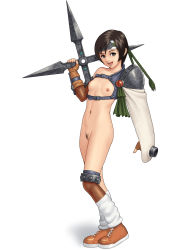 Rule 34 | armor, breasts, brown eyes, brown footwear, brown hair, cleft of venus, female pubic hair, final fantasy, final fantasy vii, fingerless gloves, fishnets, gloves, headband, highres, huge weapon, irotsuya, leg warmers, nipples, nude, open mouth, pubic hair, pussy, shoes, short hair, shuriken, simple background, small breasts, sneakers, solo, uncensored, weapon, yuffie kisaragi