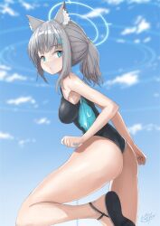 Rule 34 | 1girl, animal ear fluff, animal ears, black one-piece swimsuit, blue archive, blue eyes, blue sky, breasts, cloud, competition swimsuit, cross hair ornament, extra ears, grey hair, hair ornament, halo, looking at viewer, looking back, low ponytail, medium breasts, medium hair, mg42cat-k1ng, mismatched pupils, multicolored clothes, multicolored swimsuit, official alternate costume, one-piece swimsuit, one-piece thong, shiroko (blue archive), shiroko (swimsuit) (blue archive), sky, solo, standing, standing on one leg, swimsuit, wolf ears