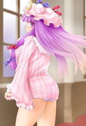 Rule 34 | 1girl, ass, babydoll, blush, breasts, crescent, female focus, hat, highres, kasuga yukihito, large breasts, long hair, nightgown, no pants, panties, patchouli knowledge, purple eyes, purple hair, revision, see-through, solo, striped clothes, striped panties, touhou, underwear, window