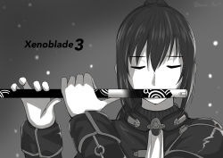 Rule 34 | 1boy, absurdres, artist name, commentary request, flute, greyscale, highres, holding, holding instrument, instrument, jacket, long hair, long sleeves, male focus, monochrome, noah (xenoblade), playing flute, ponytail, ryochan96154, solo, transverse flute, upper body, xenoblade chronicles (series), xenoblade chronicles 3