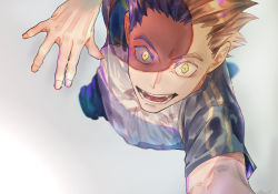 Rule 34 | 1boy, :d, bokuto koutarou, brown hair, from above, haikyuu!!, highres, looking at viewer, male focus, open mouth, playing sports, shaded face, shiraumi8351, short hair, simple background, smile, solo, sportswear, teeth, volleyball, volleyball uniform, yellow eyes