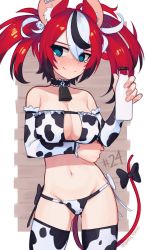 Rule 34 | 1girl, @ @, animal ear fluff, animal ears, animal print, arm under breasts, bare shoulders, bell, bikini, black bow, black hair, blue eyes, blush, bottle, bow, breasts, choker, collarbone, commentary, contrapposto, cow print, cowbell, cowboy shot, detached sleeves, embarrassed, english commentary, groin, hair between eyes, hakos baelz, holding, holding bottle, hololive, hololive english, large breasts, looking at viewer, milk, milk bottle, mouse ears, mouse girl, mouse tail, multicolored hair, navel, neck bell, print bikini, print thighhighs, red hair, smile, solo, streaked hair, sweatdrop, swimsuit, tail, tail bow, tail ornament, tearing up, thighhighs, twintails, virtual youtuber, white hair, yoako