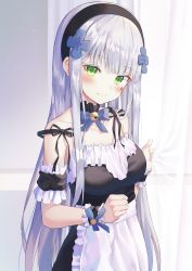 Rule 34 | 1girl, absurdres, alternate costume, apron, bell, black dress, black hairband, black ribbon, black sleeves, blue bow, blush, bow, breasts, closed mouth, collarbone, commentary, curtain grab, curtains, detached sleeves, dress, enmaided, facial mark, frilled apron, frills, girls&#039; frontline, green eyes, hair ornament, hairband, highres, hk416 (girls&#039; frontline), hyonee, jingle bell, long hair, maid, medium breasts, puffy short sleeves, puffy sleeves, ribbon, short sleeves, silver hair, smile, solo, strapless, strapless dress, transparent, very long hair, waist apron, white apron, wrist cuffs