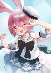 Rule 34 | 1girl, ;d, animal ears, arm up, beret, black bow, blush, borrowed character, bow, collarbone, commission, detached sleeves, hair between eyes, hat, highres, long hair, low twintails, oggu (neoguloliko), one eye closed, open mouth, original, pink eyes, pink hair, pleated skirt, puffy short sleeves, puffy sleeves, rabbit ears, shirt, short sleeves, skeb commission, skirt, sleeveless, sleeveless shirt, smile, solo, tilted headwear, twintails, v over eye, very long hair, white hat, white shirt, white skirt, white sleeves