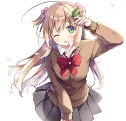 Rule 34 | 1girl, ahoge, anzu (sumisaki yuzuna), arm up, bad id, bad pixiv id, black skirt, blush, bow, brown sweater, collared shirt, commentary request, flower, green eyes, hair between eyes, hair flower, hair ornament, leaf hair ornament, leaning forward, light brown hair, long hair, long sleeves, looking at viewer, one eye closed, original, parted lips, petals, pink flower, pleated skirt, red bow, school uniform, shirt, skirt, sleeves past wrists, solo, sumisaki yuzuna, sweater, two side up, very long hair, white shirt, window