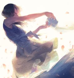 Rule 34 | 1girl, ashes, bare back, blurry, cowboy shot, depth of field, dress, dutch angle, closed eyes, from side, highres, long hair, original, petals, solo, sousou (sousouworks), standing, urn, wading, white background, wind