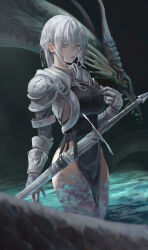 Rule 34 | 1girl, absurdres, armor, black dress, blue eyes, blurry, breasts, closed mouth, commentary request, cowboy shot, depth of field, dragon, dress, gauntlets, grey hair, hair between eyes, hand up, highres, jenmin12, korean commentary, large breasts, long bangs, long hair, looking at viewer, original, pauldrons, rust, shoulder armor, solo, standing, sword, wading, weapon